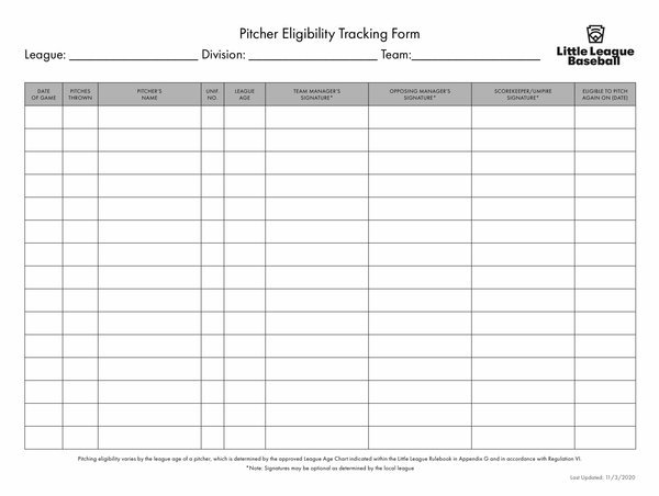 Pitcher Eligibility Tracking Form