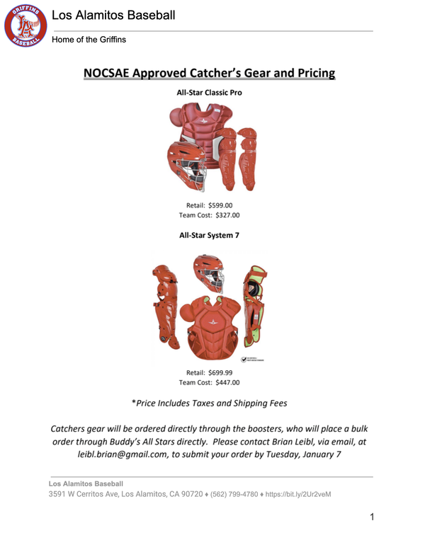 NOCSAE Approved Catcher's Gear