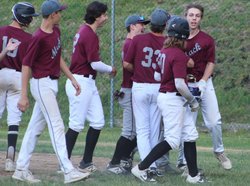 Mike Lyna is congratulated by teammates after HR
