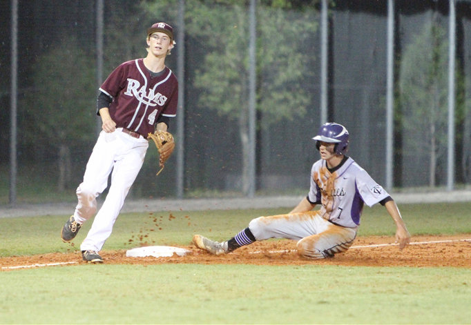 Riverview leadoff hitter Sam Jeffcoat delivers a hit in the seventh inning against Timber Creek in the Class 8A-Region 2 final Tuesday at the Rams new field. STAFF PHOTO / DENNIS MAFFEZZOLI