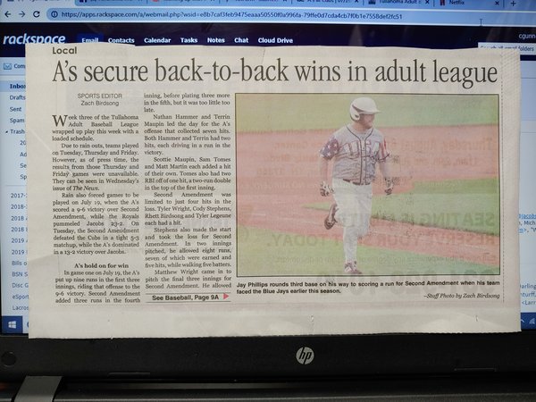 Newspaper Article of Adult Baseball