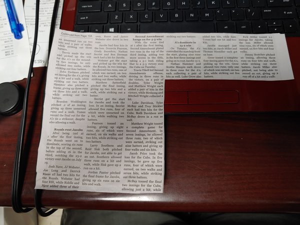 Newspaper Article of Adult Baseball