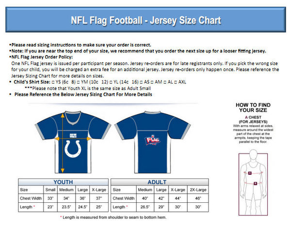 nfl flag football jersey size chart