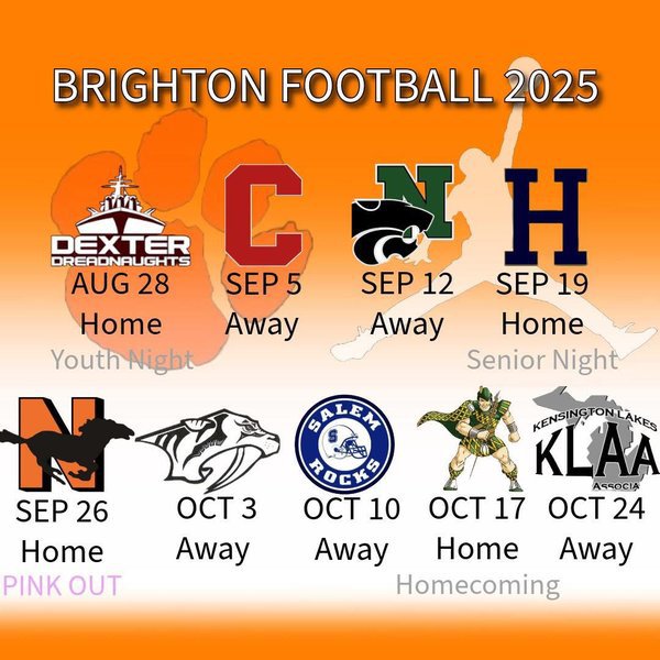 BHS Varsity football schedule 2025. Home vs Dexter Aug 28, Away vs Canton Sep 5, Away vs Novi Sep 12, Home vs Hartland Sep 19, Home vs Northville Sep 26, Away vs Plymouth Oct 3, Away vs Salem Oct 10, Home vs Howell Homecoming Oct 17, Away vs KLAA crossover TBD Oct 24