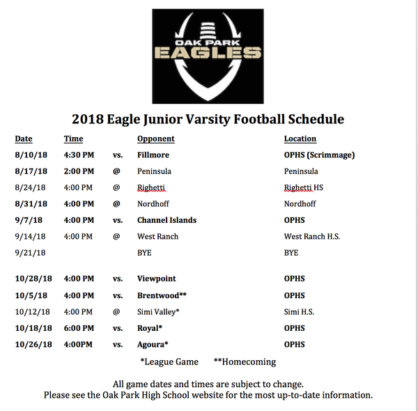 JV Game Schedule – Agoura Chargers Football