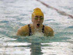 Roxbury’s Anna Cook swims the breast stroke in the 200 medley relay during the Randolph vs. Roxbury girls swimming NJSIAA North 1-B semifinal at Count