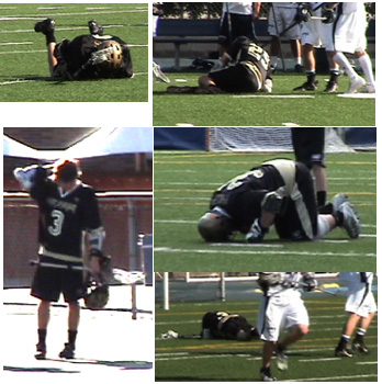 No3 Darling (bottom two), left game, while Evans, Goehring and Phillips (clockwise from top left) all took hits from physical Loyola