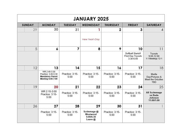 January Practice Schedule
