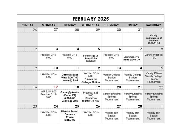 February Practice Schedule
