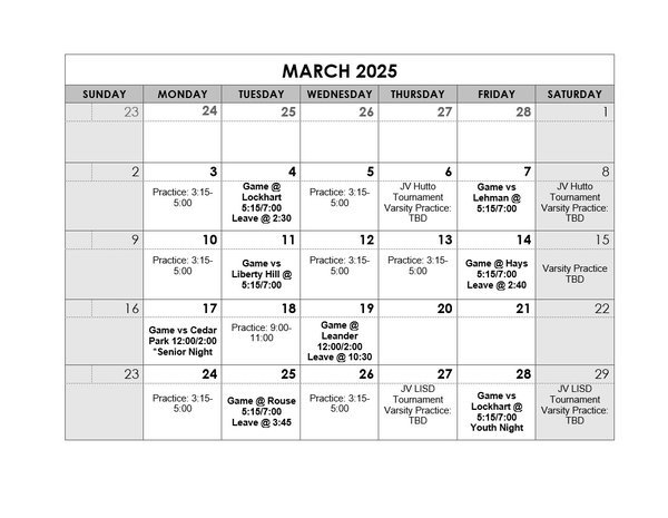 March Practice Schedule