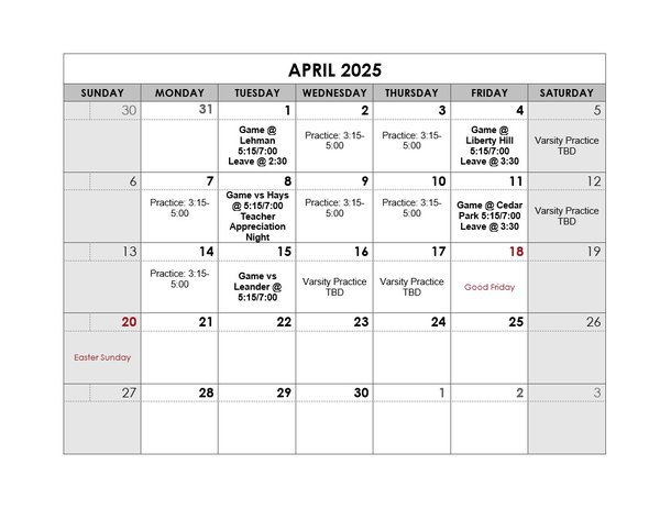 April Practice Schedule